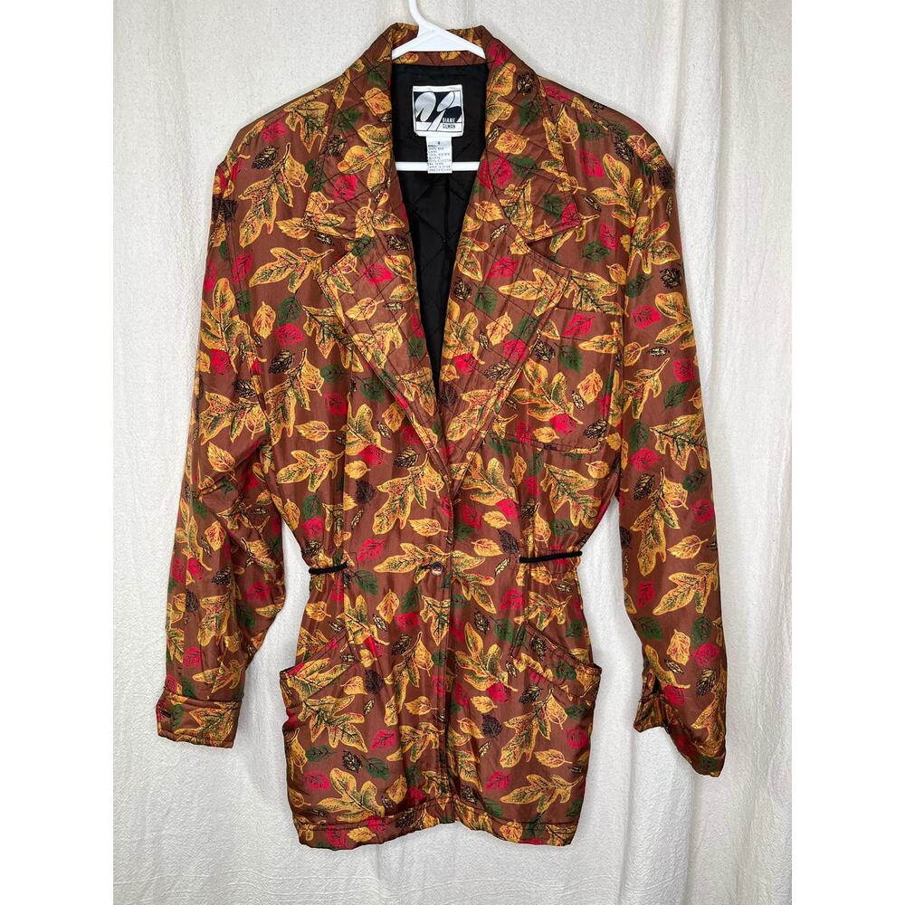 1980s Diane Gilman Silk Fall Leaves Autumnal Harvest Halloween Quilted Jacket S